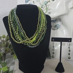 Green Acrylic Multi Strand Necklace And Earrings Set